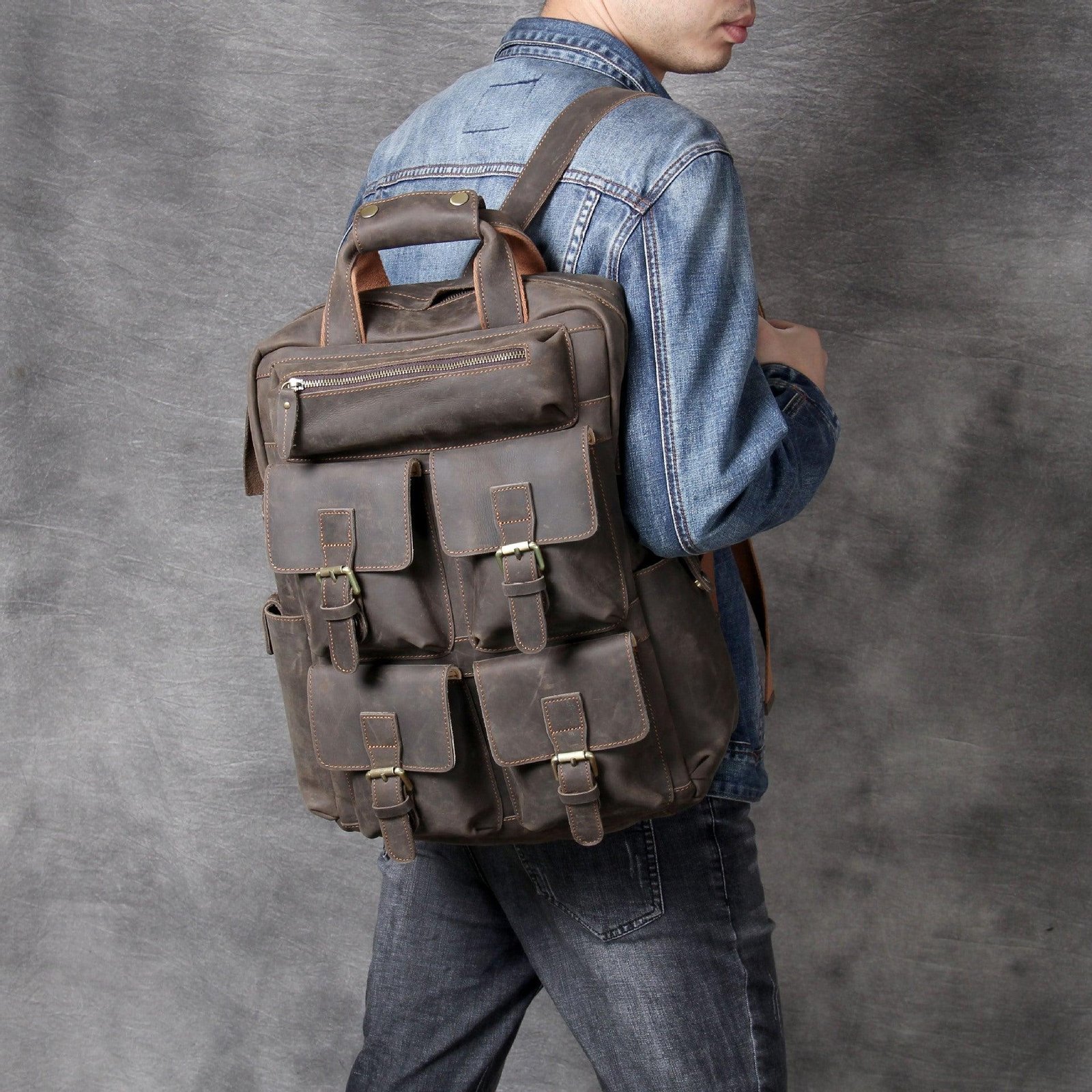 Mens Leather Backpack Laptop with Front Pockets - 图片 2
