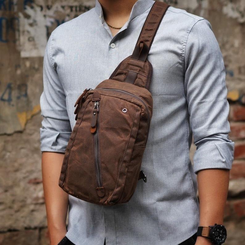 Woosir Sling Backpack Mens Waxed Canvas Crossbody Bag - 图片 2