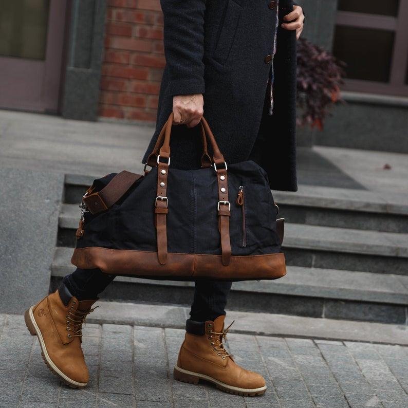 Large Waxed Canvas Weekender Duffle Bag Travel Mens - 图片 6