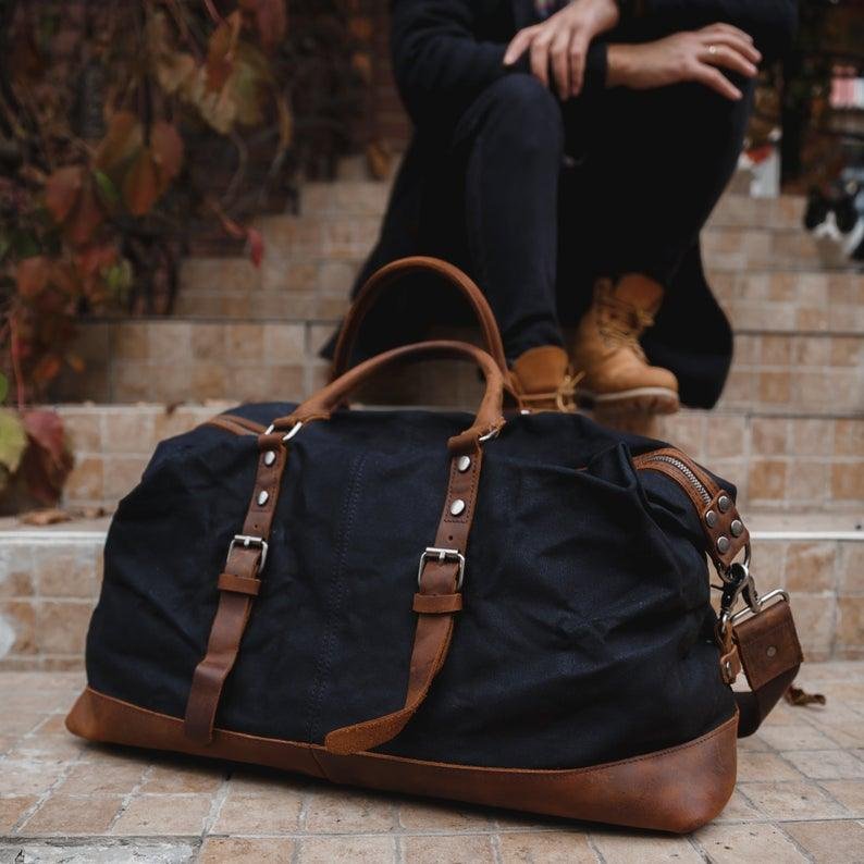 Large Waxed Canvas Weekender Duffle Bag Travel Mens - 图片 4